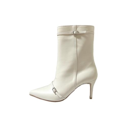 Crescentseoul Demilune Jewel Strap Half Ankle Leather Boots Ivory