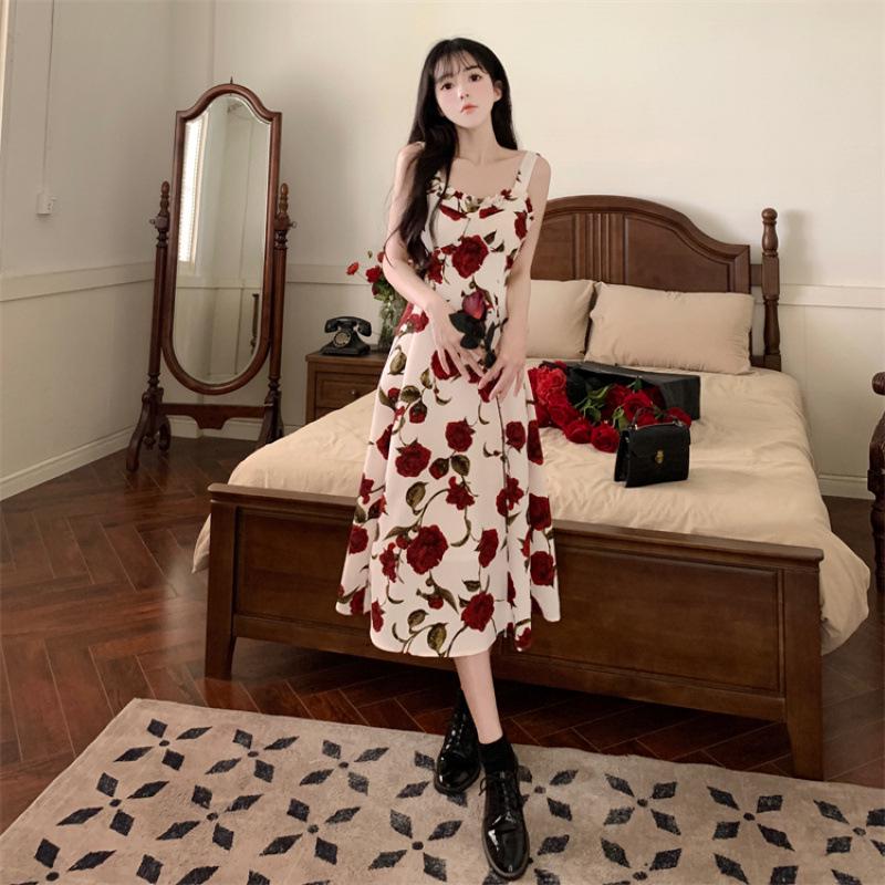 Sommer 2025 Elegantes französisches Stil-Rosenmuster Midi-Spitzenkleid
