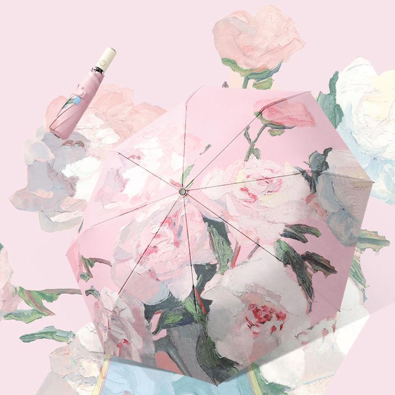 [5 Yuan Off for Newcomers] High-value Folding Automatic Umbrella, Sun and Rain Shading Oil Painting Sun Umbrella