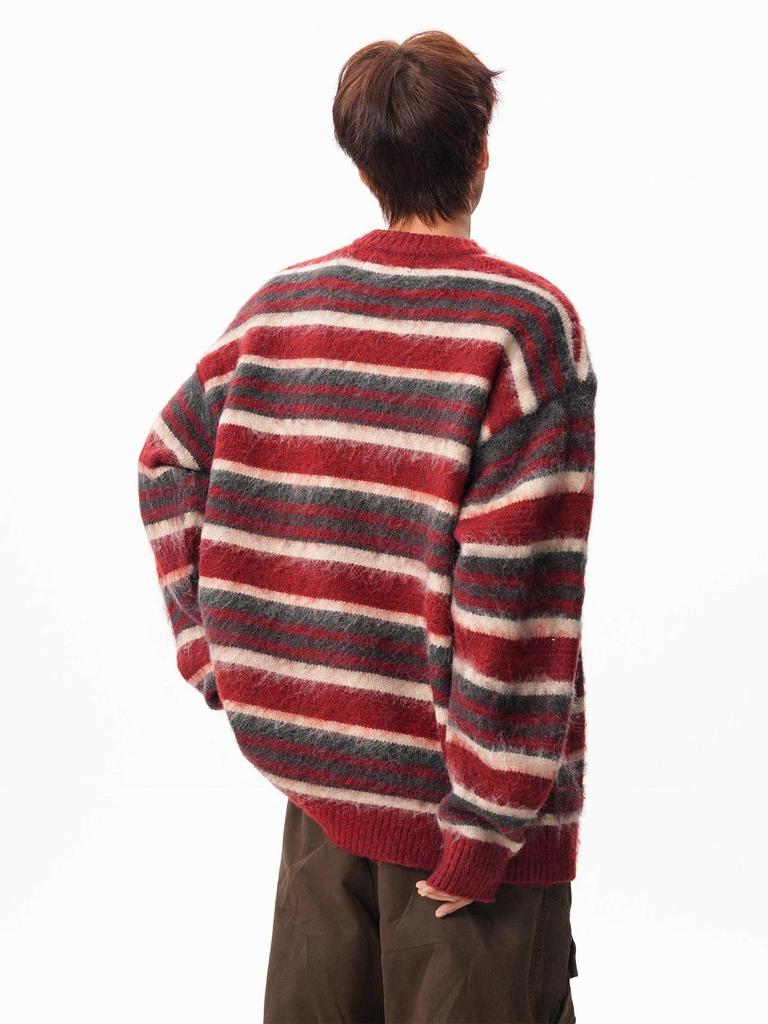 Unisex Retro Rot Gestreifter Mohair Pullover – Herbst/Winter Stil