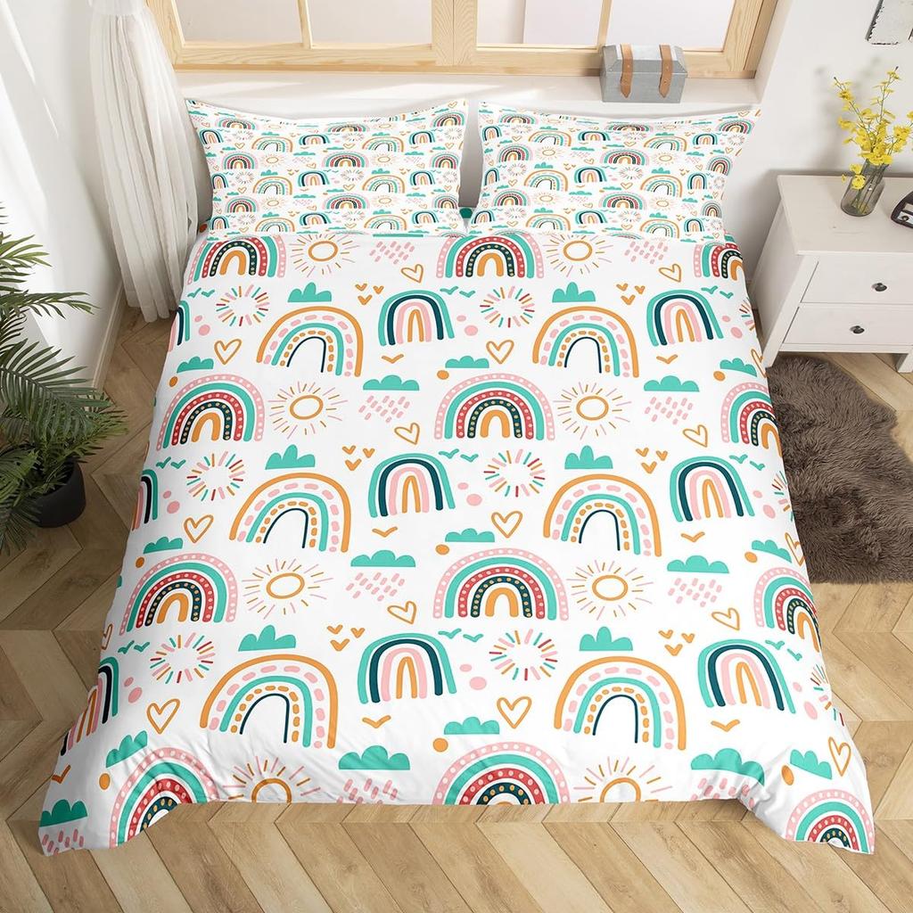 Capa de edredom arco-íris feminino rosa desenho animado conjunto de cama crianças meninas nuvens fofas coroa edredom capa kawaii glitter estrelas colcha capa