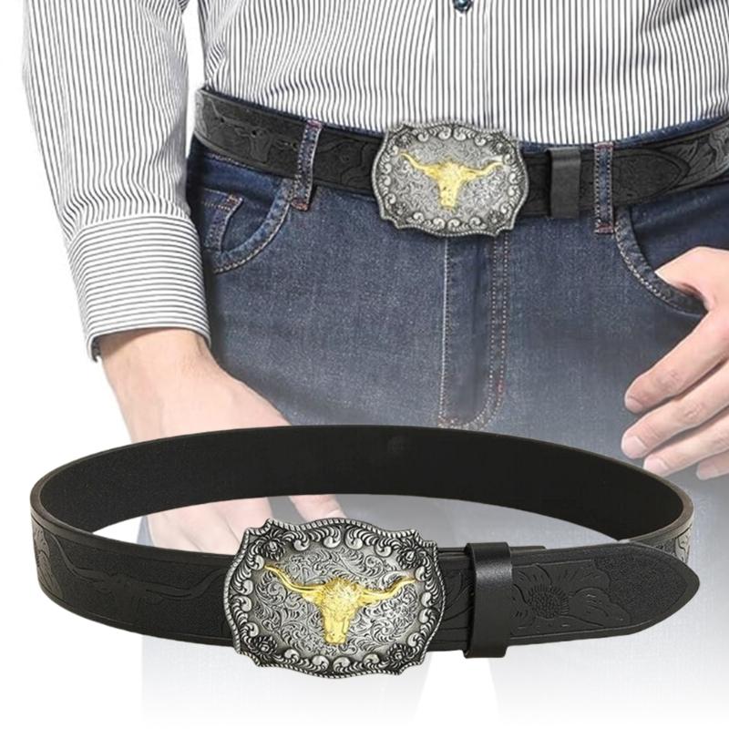 Women Western Belt Engraved Bull Metal Buckle Pants Belt Unisex Cowgirl Belt