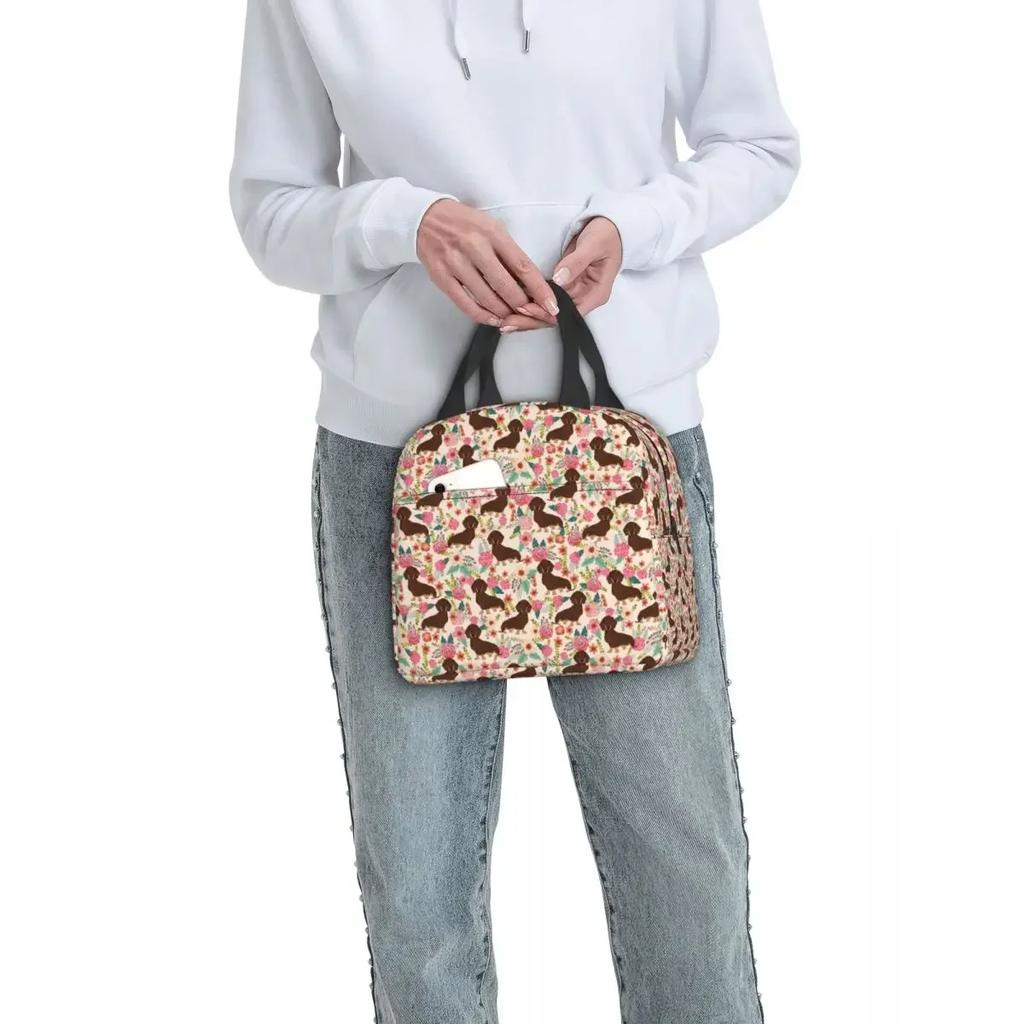 Custom Dachshund Sausage Dog In Florals Lunch Bag Women Cooler Warm Insulated Lunch Boxes for Adult Office