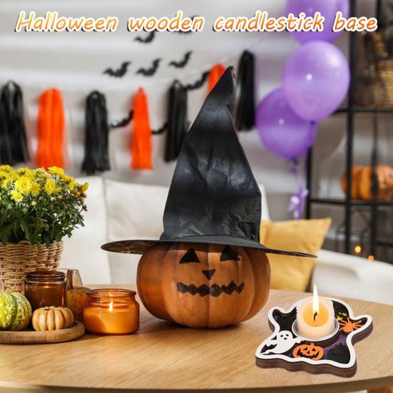 Wooden Candle Plate Holder Tray Tabletop Tealight Pillar Display Tray Wood Pumpkin Bat Ghost Maple Leaf Table Centerpiece for Halloween Thanksgiving