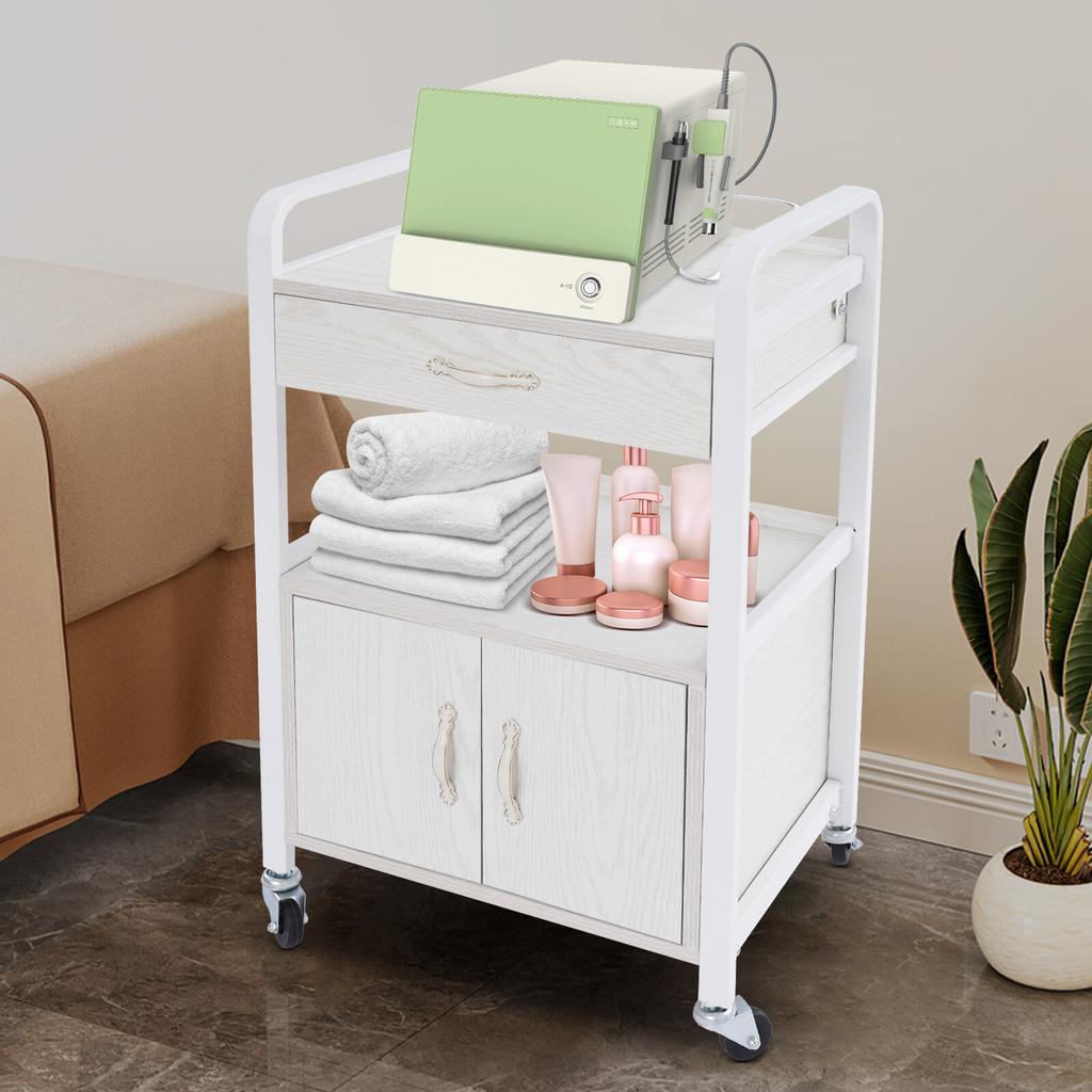 Professional 2-Tier Salon Rolling Cart, Mobile Organizer w/ 4 Wheels, 75kg/165 lbs Capacity, White Beauty Supply Storage Cabinet