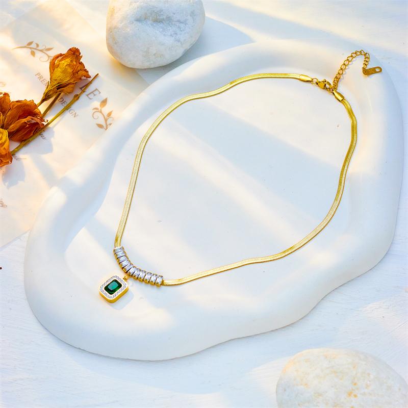 Stainless Steel Square Green Crystal Zircon Pendant Necklace Earrings Bracelet Jewelry Set for Women Gifts