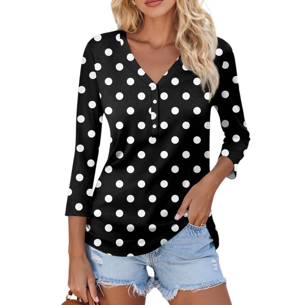 Women's Casual Fashion Sexy Comfortable V-Neck Button Spotted Three-quarter Sleeve Top