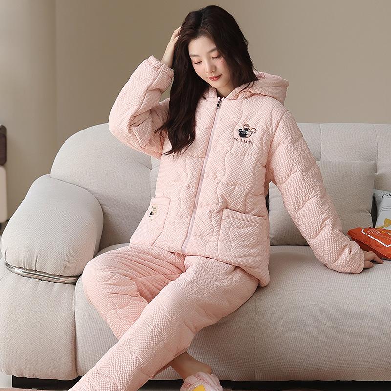 Couple pajamas winter coral fleece padded three-layer thickened fleece thermal storage warm men's and women's hooded loungewear set