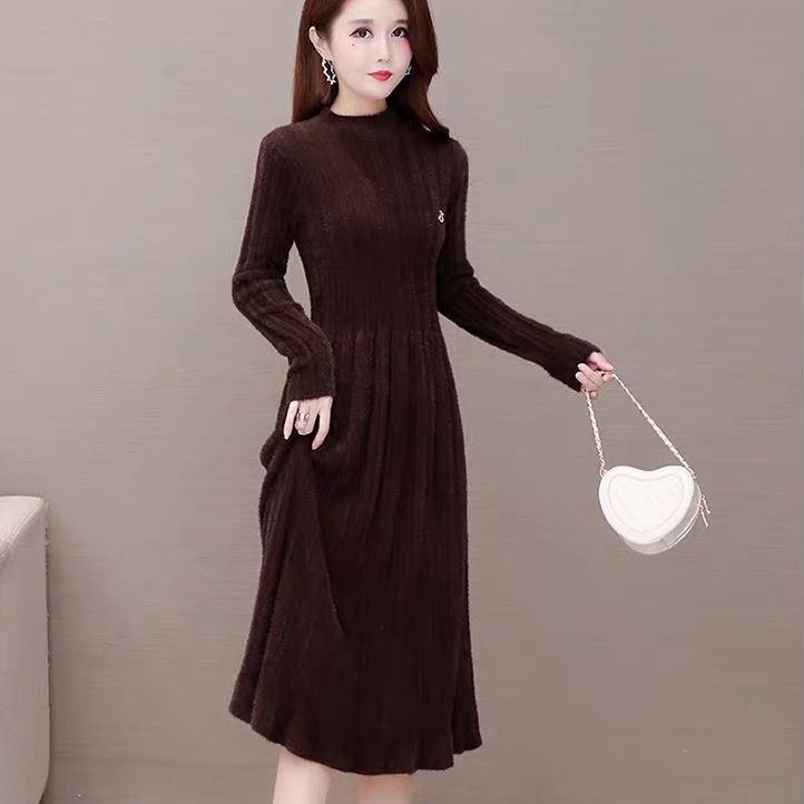 Long Knitted Dress for Women Autumn Solid-color Sweater Dress Imitating Mink Fur Cinched Waist and Trendy Solid-color Long-sleeved Knitted Sweater