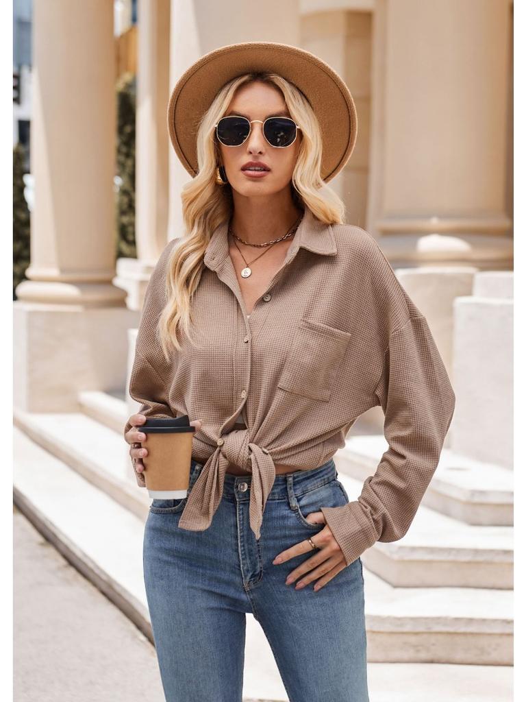 Single Breasted Pocket Waffle Fashion Shirt 2023 Women's Autumn and Winter New European and American Casual Loose Tops