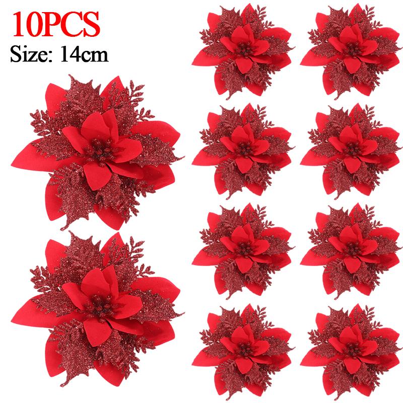Flori Artificiale de Crăciun Aurii Roșii cu Sclipici Poinsettia cu Clipsuri Ornamente Pom de Crăciun DIY Coroană Nuntă Decorațiuni Anul Nou