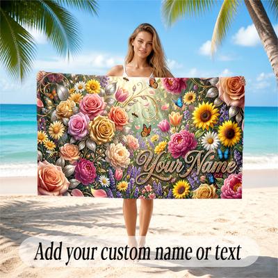 Floral Garden Theme Quick Dry Beach Towel Custom Name Text Print Large Sand Resistant Towel Beach Vacation