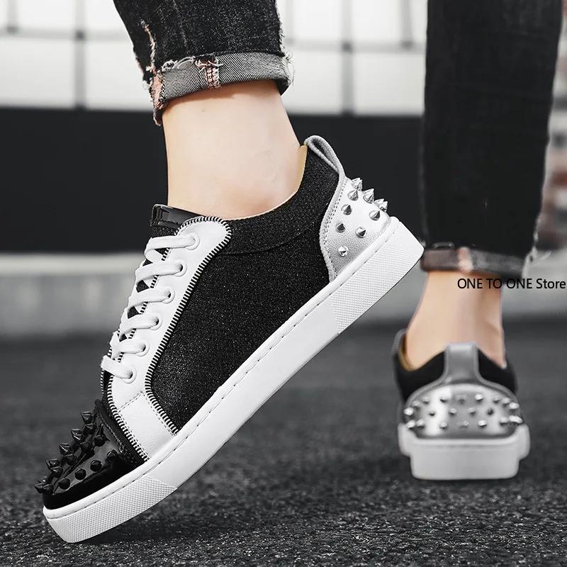Fashion Men Sneakers Casual Designer Rivet Punk Board Shoes Fashion Leather Canvas Breathable Height Increased Flat Platform White Shoes