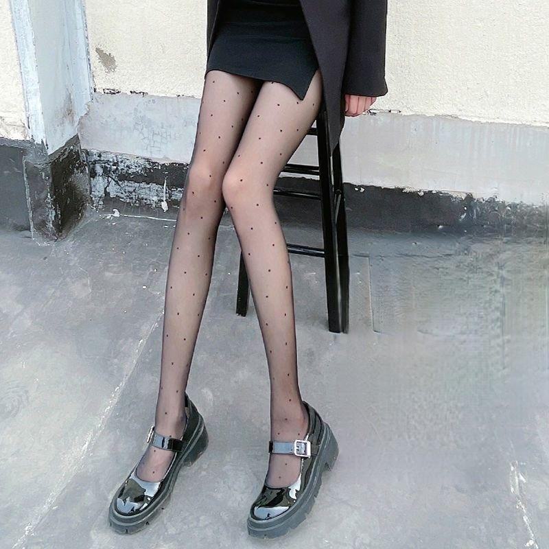 Women's White Polka Dot Silk Stockings with Black Bow - Spring/Summer Lolita Style