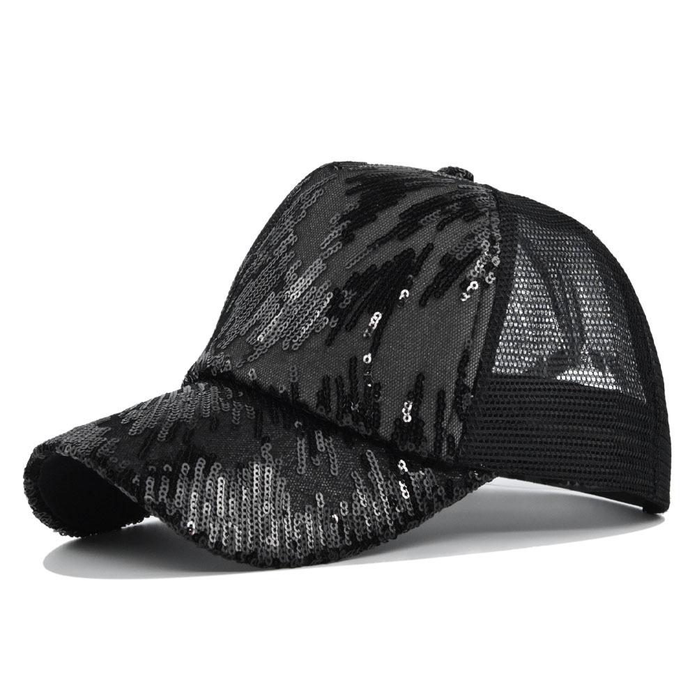 Boné de beisebol com rabo de cavalo brilhante, coque bagunçado, chapéus de pai para mulheres, lantejoulas brilhantes, boné de caminhoneiro de malha de verão, bonés hip hop snapback