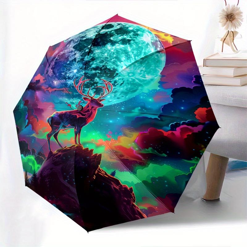 Moonlit Deer Fantasy Theme 8 Bone Hand Automatic Folding Fashion umbrella, Compact and Portable Design, A Perfect Gift for Birthday, Christm