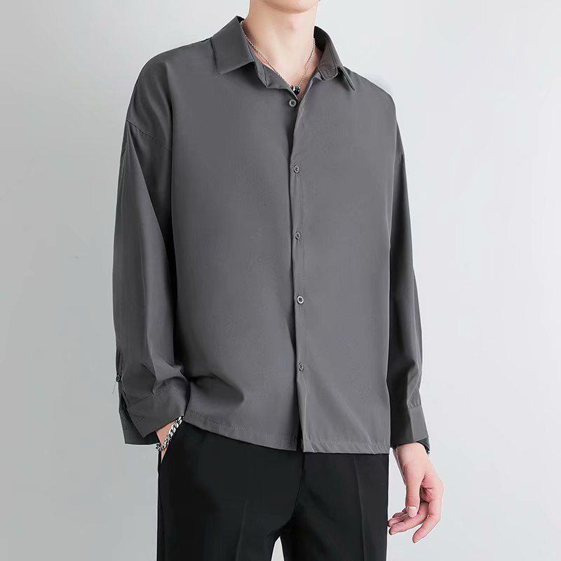 Men's Summer Ice Silk Long Sleeve Black & Gray Casual Shirt - Wrinkle-Free, Loose Fit