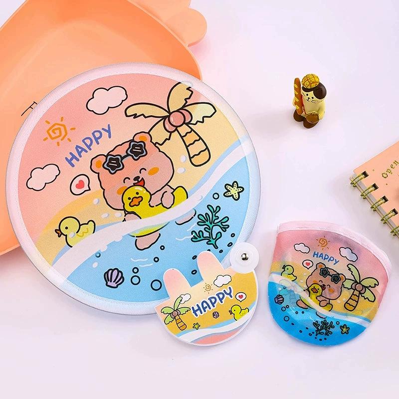 Reflective Mini Folding Fan: Portable Cartoon Design with Cloth Surface for Students and Outdoor Use.