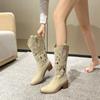 Embroidered Western Cowboy Boots Coarse Heel V Mouth Hole Knight Boots Vintage Size Breathable Women's Boots - Fat