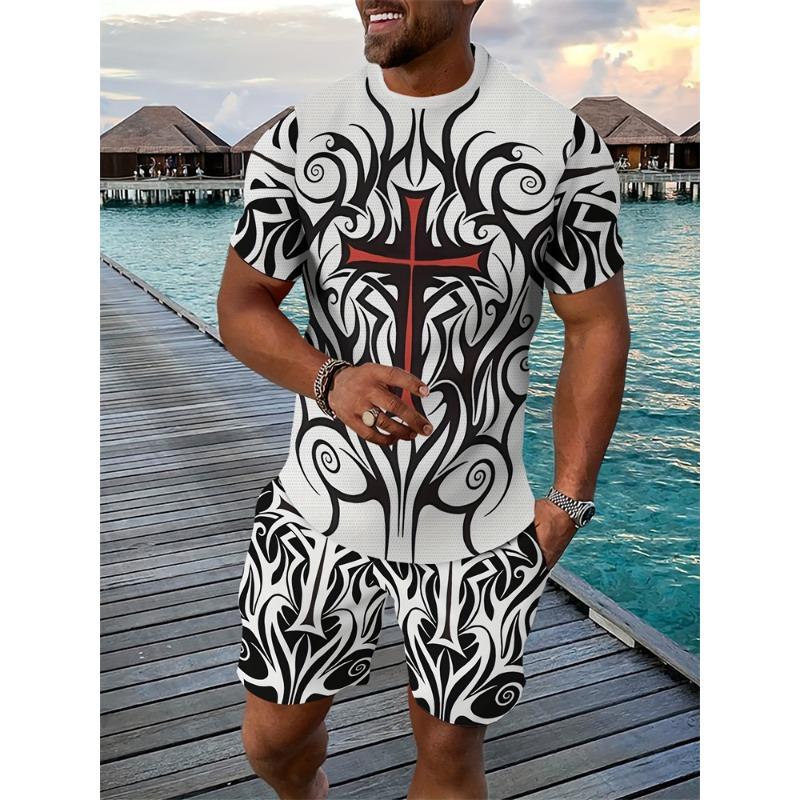 Mens Summer TwoPiece Set Animal Lion 3D Print Crew Neck Short Sleeve T-Shirt & Drawstring Shorts Outdoor
