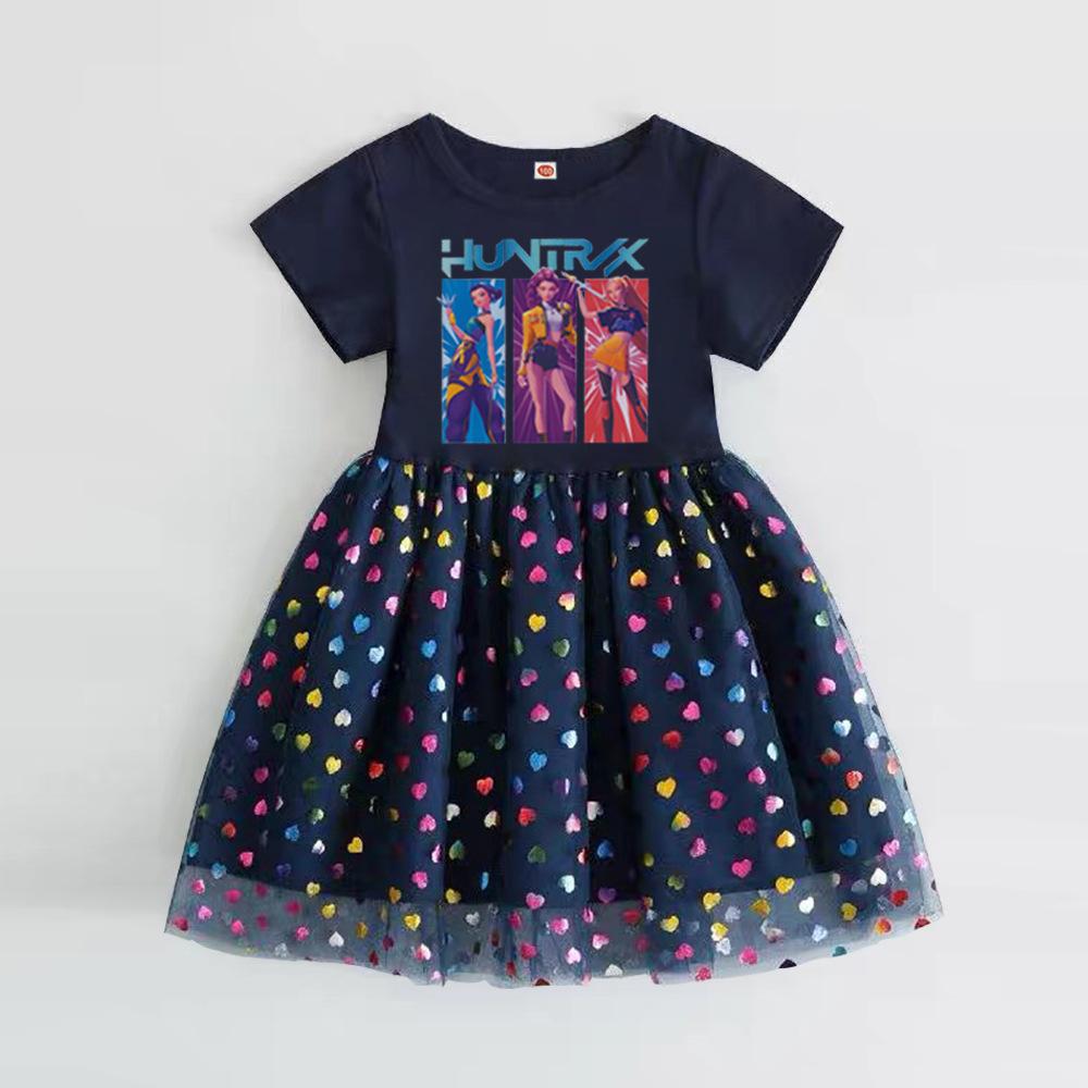 Cute Huntrix Girls Short Sleeve Dress Cartoon Band Print Colorful Heart Tulle Skirt Kids Casual Princess Tutu Dress for Daily Holiday Birthday Party