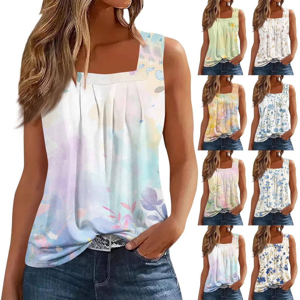 Dam Mode Casual Plisserad Fyrkantig Krage Ärmlös Väst Tryck Sommar T-shirt