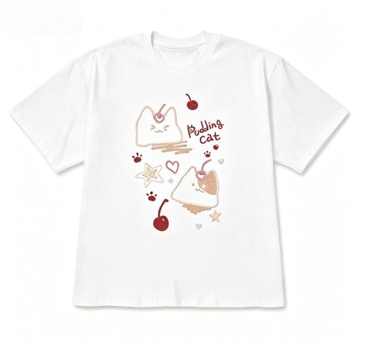 Korean Style Versatile Tshirt Kawaii Cute Pudding Cat Graphic ShortSleeve Minimalist Crew Neck Tee Top for Women Girl OOTD