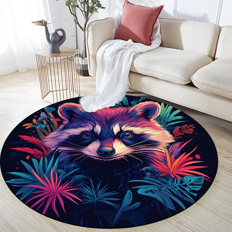 Colorful Raccoon,Round Area Rug,Carpet Rug for Living Room Bedroom Sofa Playroom Decor,Non-slip Floor Mat