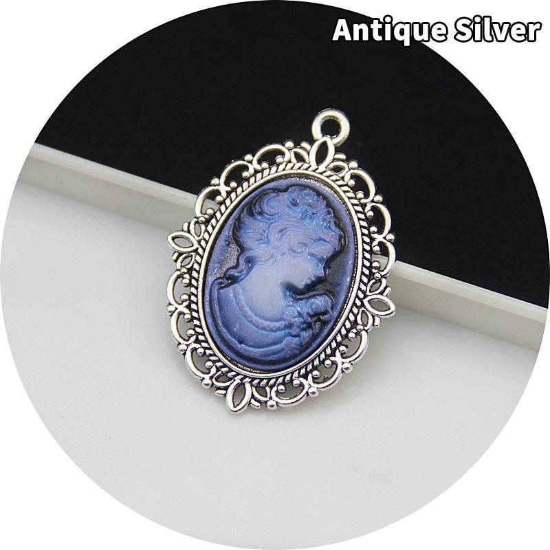 Antique Silver Oval Zinc Alloy Pendant With An Inlaid 18*25Mm Beauty Head Design, Hair Accessory Necklace, Diy Jewelry Accessory