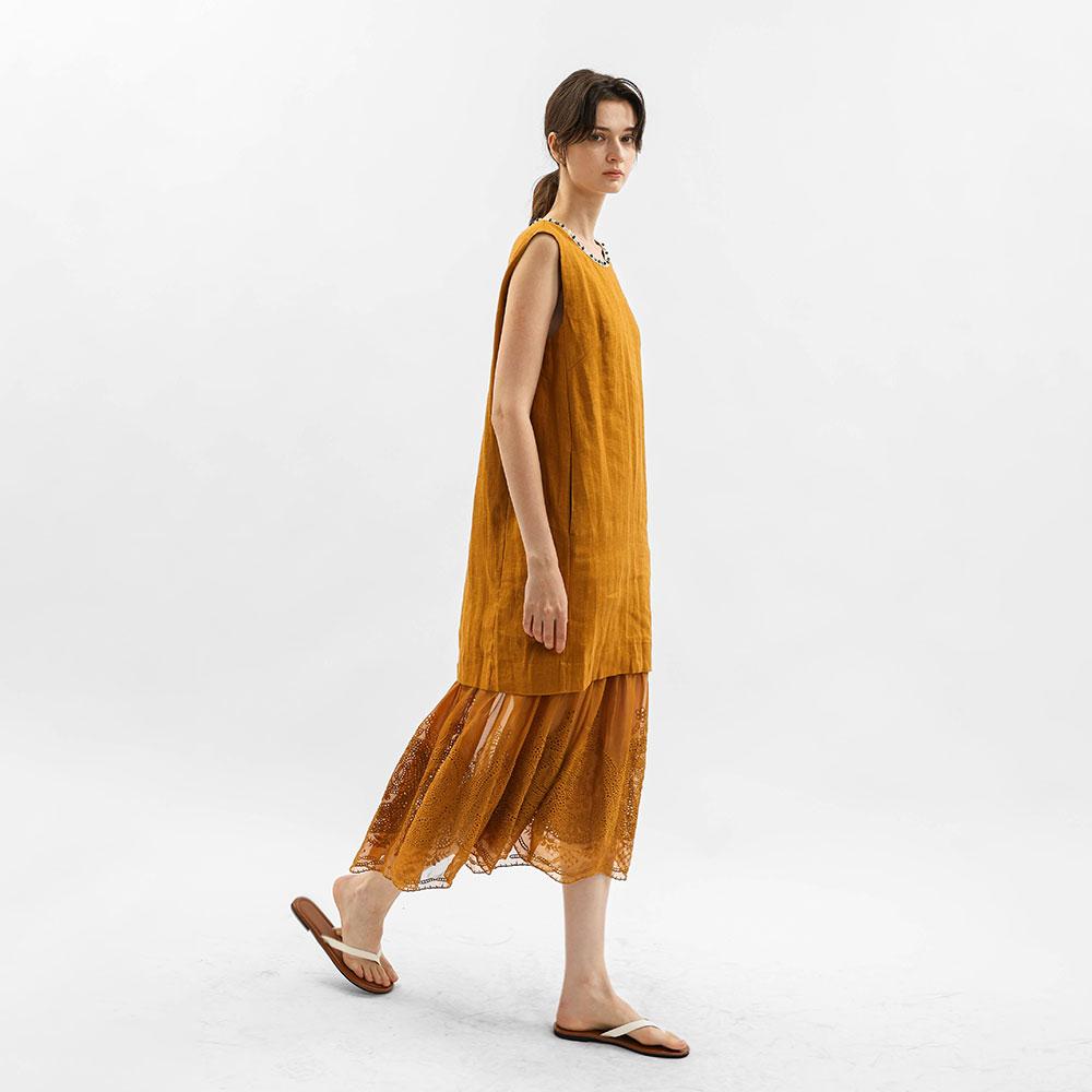 WEDNESDAY DELIGHT Wd_Lace Layered Linen Dress_Brown