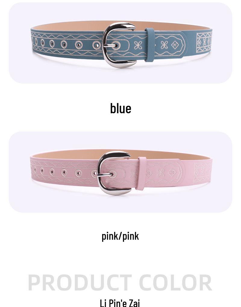 Chic American Retro Embroidered Women's Western Leather Belt - Fashionable, Versatile, and Perfect with Jeans.