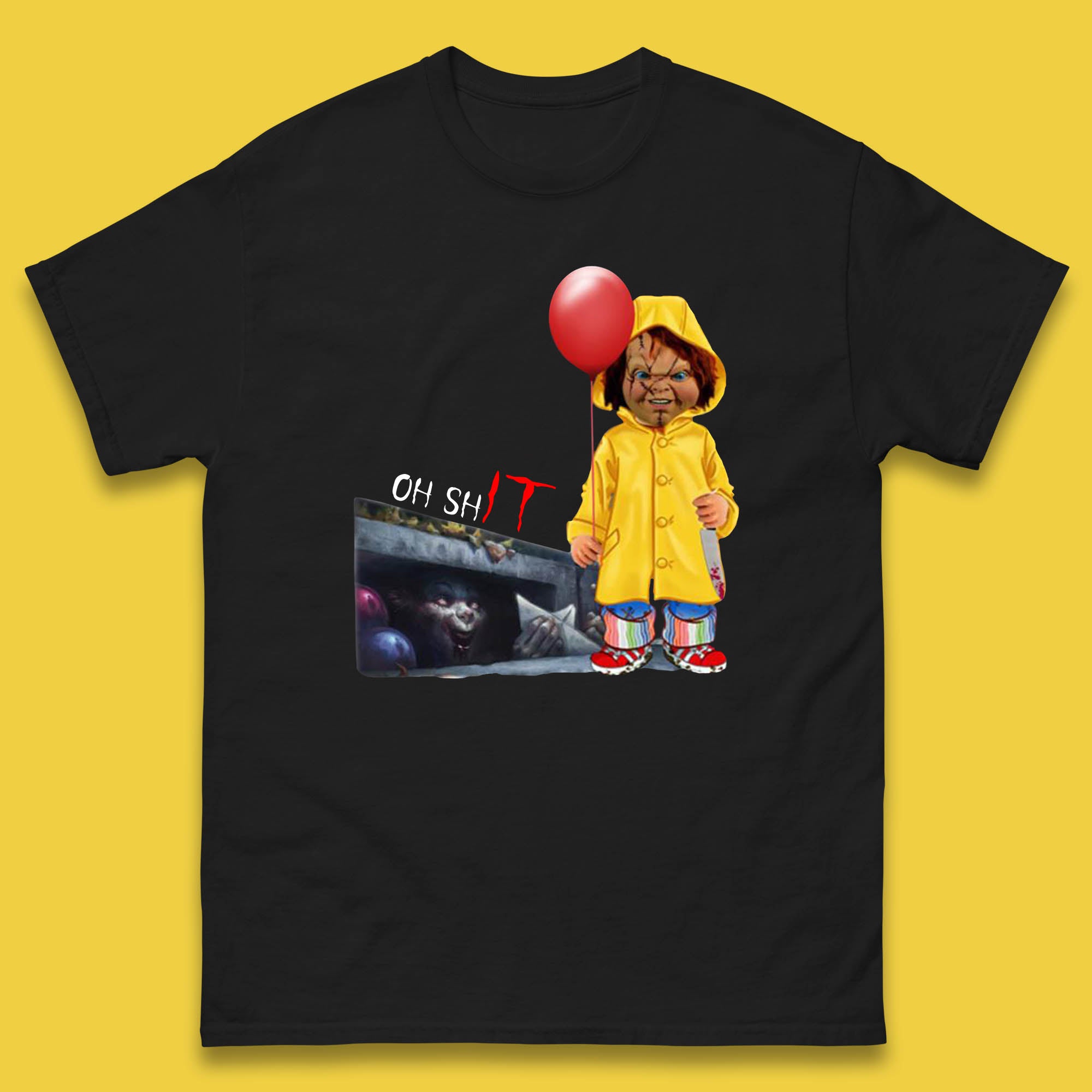 Oh Shit Pennywise Chucky Clown Spoof Halloween IT Pennywise Clown Horror Movie Character Mens Tee Top 2XL