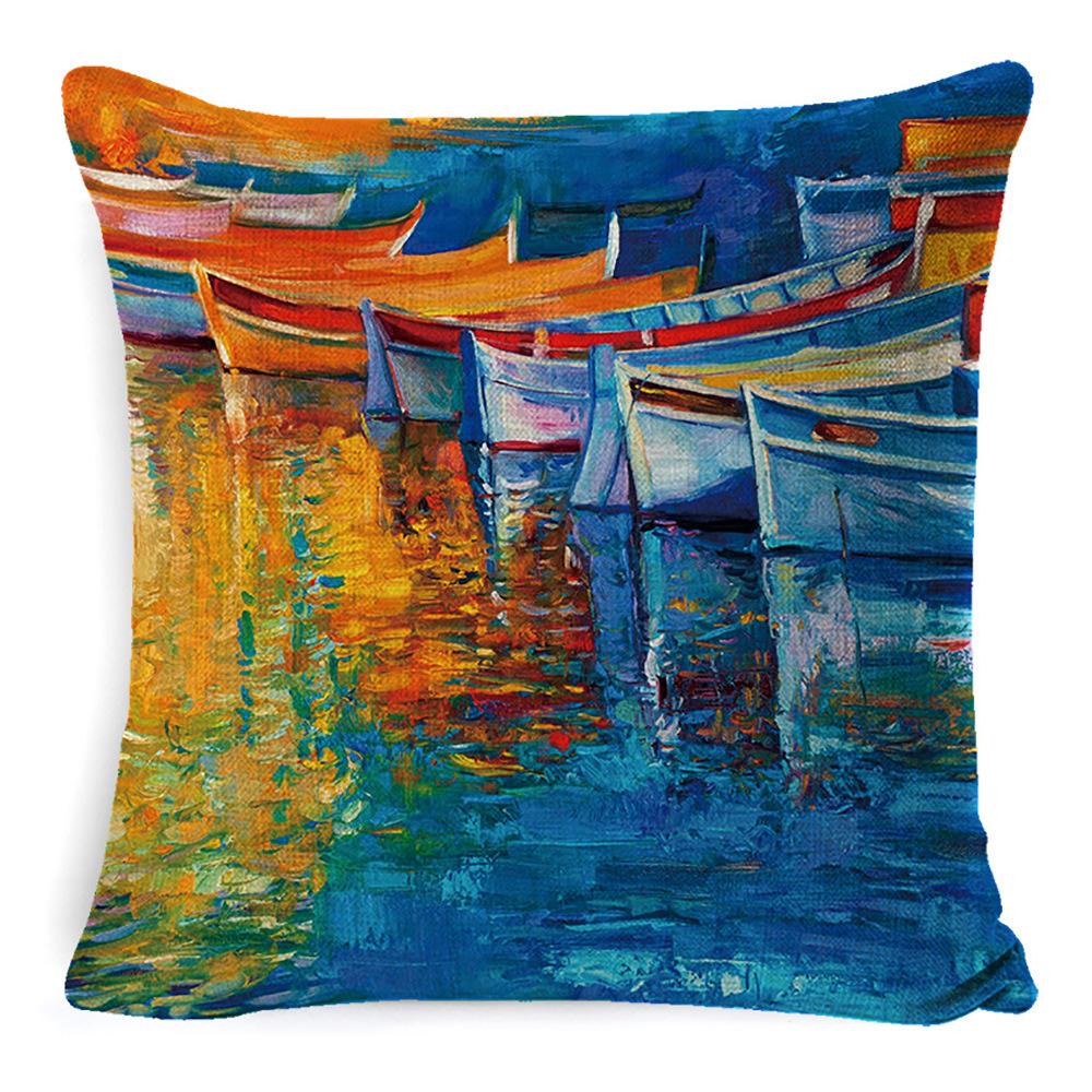 New Linen Pillow Cover Oil Painting Landscape Office Lumbar Pillow Cover Home Sofa Pillow Home Pillow