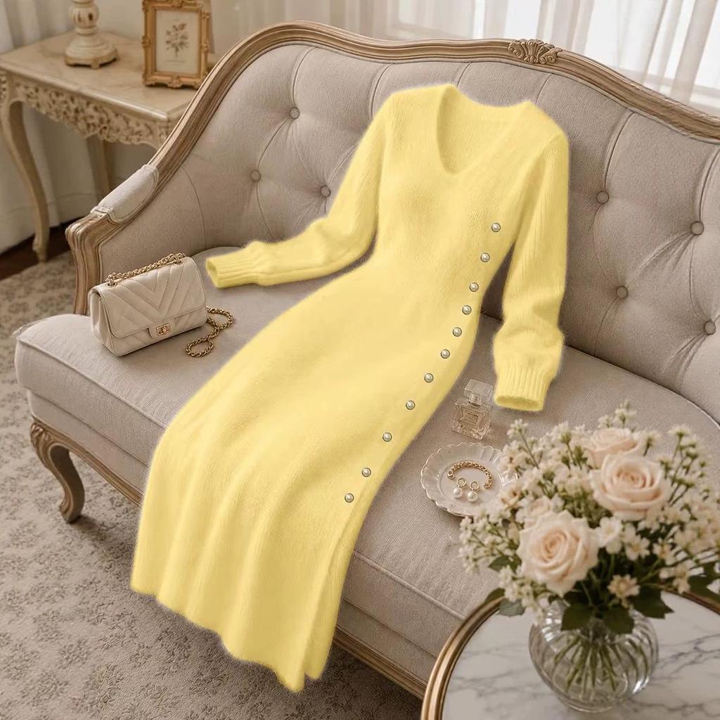 Women's V-Neck Long Sleeve Button-Down Knit Sweater Dress for Autumn/Winter