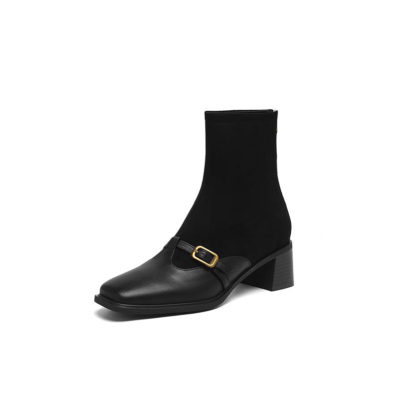 Fashion 2025 NEW Autumn Women Boots genuine leather Women Shoes Square Toe Chunky Heel Slip-on Belt Buckle Western Boots Daily Shoes