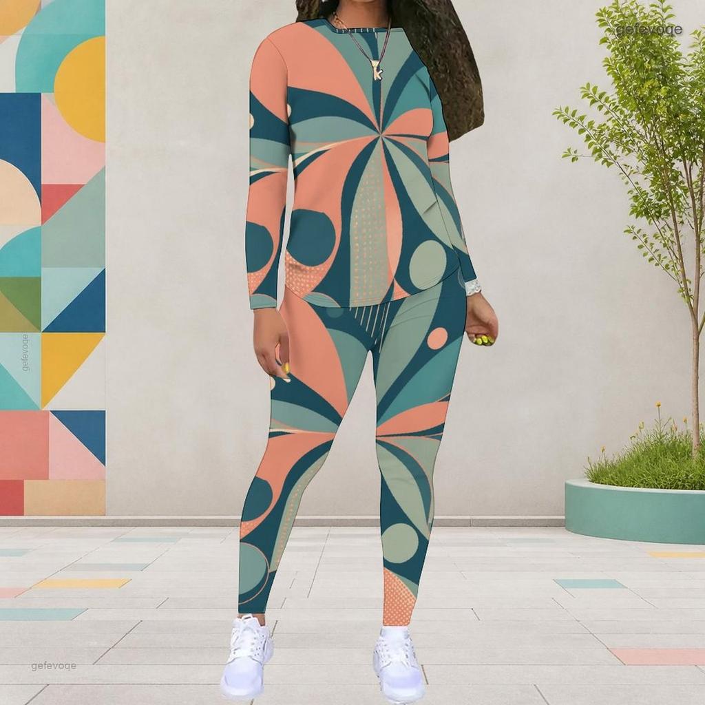 Women Plus Size Two Piece Set Round Neck Long Sleeve Printed Top And Fitted Pants