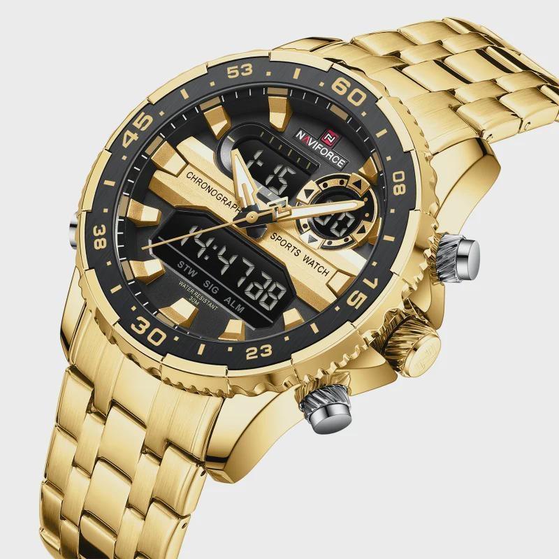 Fashion Golden Men Watch Multi-functional Quartz Wrist Watches Quartz Analog + LED Digital Movement Waterproof Steel Strap