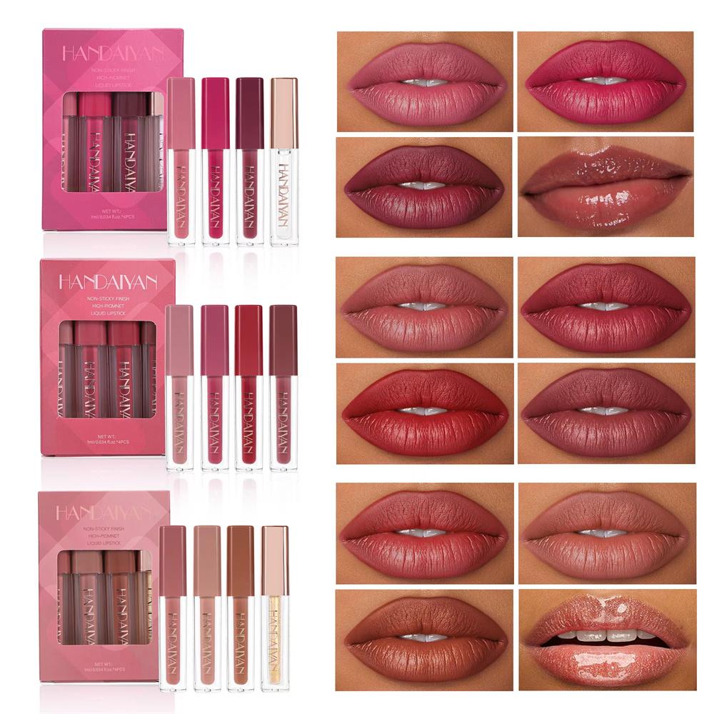 HANDAIYAN 4 Matte Velvet Lip Glaze Set Einfache Farbe Langanhaltend Wasserdicht Schweißfest Nicht-Klebendes Lip Glaze Set