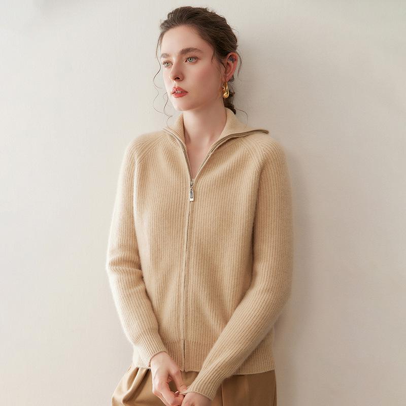 Women's Retro Cashmere Stand Collar Cardigan - Double Zipper, Long Sleeve, Age-Reducing Base Layer Top