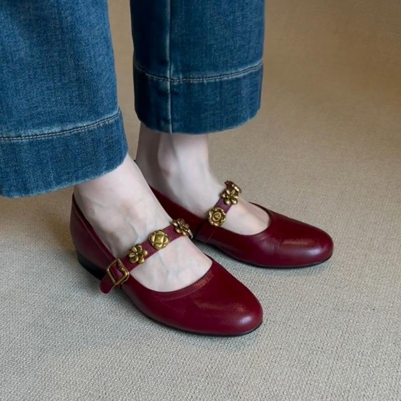 Metal One-word Buckle Leather Mary Jane Shoes Women's Shallow Single Shoes Low-heeled Temperament Ballet Shoes