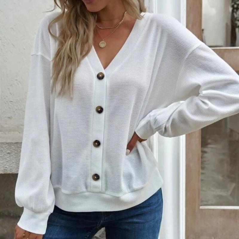 Herbst und Winter Damen Langarm-Top mit V-Ausschnitt, fester Knopf, V-Ausschnitt, lockeres, langärmeliges T-Shirt für Damen