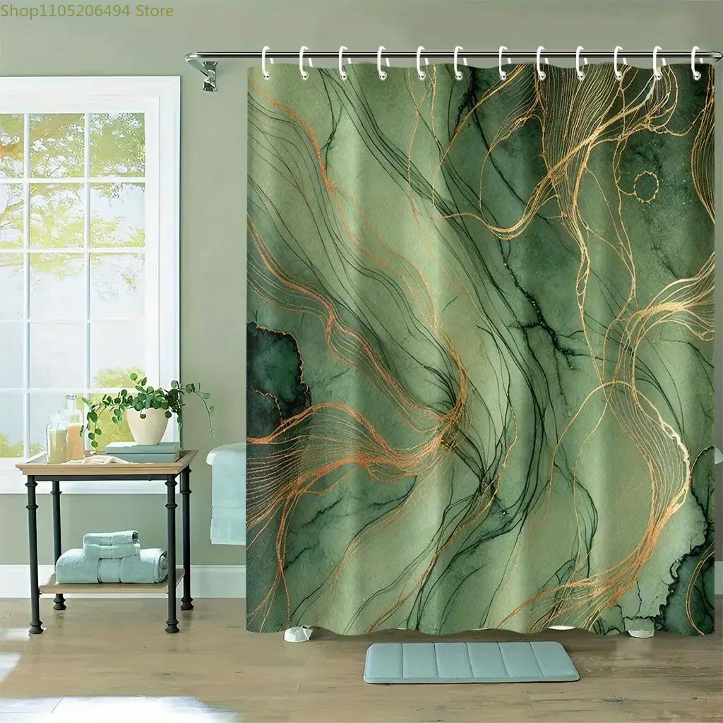 1pc Elegant Green & Shower Curtain with 12 Hooks - Luxury Bathroom Decor Suitable for Home & Hotel Use, Digitally Printed, Mac