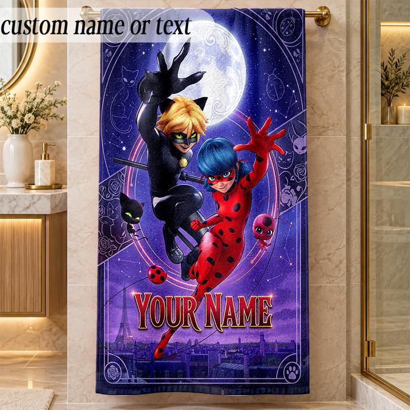 Beach TowelMiraculous Ladybug Custom Name Text Personalized Soft Towel for Beach Pool Indoor Home Decor Gift