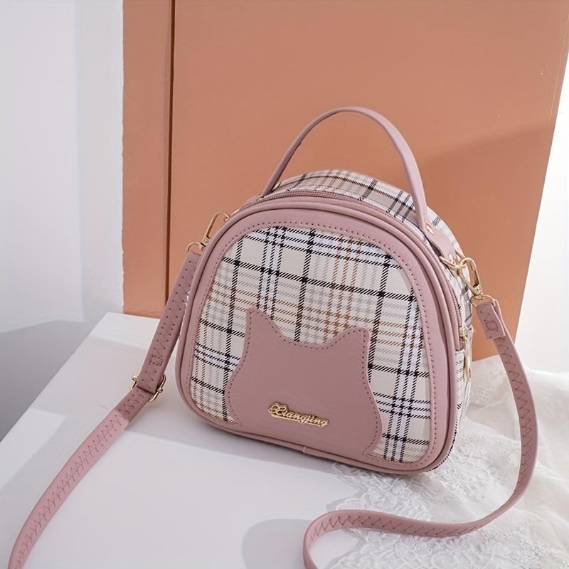Plaid Cat Handbag Stylish Plaid Cat Face Handbag Adjustable Strap, Zipper Closure, Perfect for Casual Outings & Travel