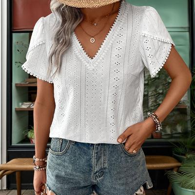 Summer Women's T-shirt Textured V-neck White Shirt Short Sleeve Tops