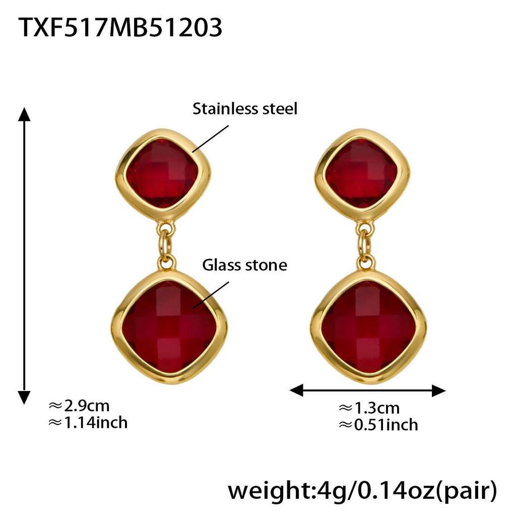 Geometric Glass Stone Earrings & Stainless Steel Bead Necklace Bracelet Set - Multi-color Patchwork Jewelry