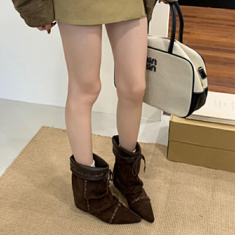 Short Boots Autumn and Winter Boots Fashion Inner Height Increase Pointed Head Wide Tube Slimming and Ankle Boots Sewing Line Pant Tube Boots