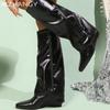Women Leather Wedges Mid Heels Pointed Toe High Heels Knee High Shoes Woman 2025 Trend Winter Designer Pumps Chelsea Boots Mujer