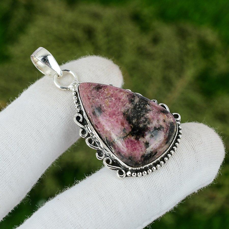 

Pear Rhodonite Stone Anniversary Artisan Handmade Bezel Pendant Sterling Silver