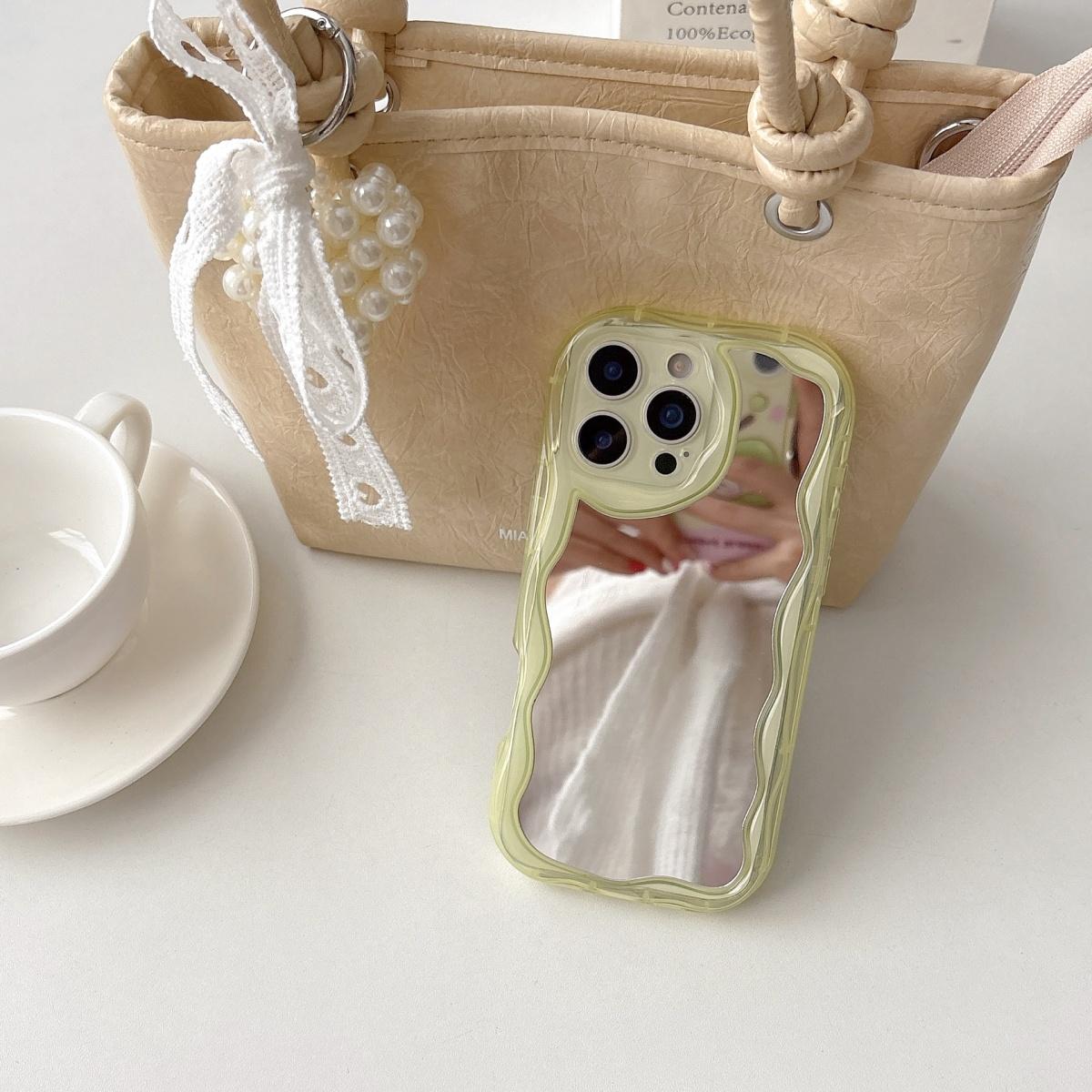 

Korean Curly Wave Arc Makeup Mirror Case For iPhone 16 15 14 Plus 13 12 11 Pro Max Airbags Soft Silicone Shockproof Cute Cover iPhone 13 Pro